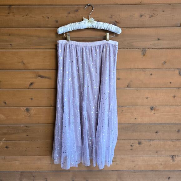 Dusty Pink Silver Constellation Star Pull On Tulle Midi Skirt Flowy Kawaii Boho - Picture 2 of 6